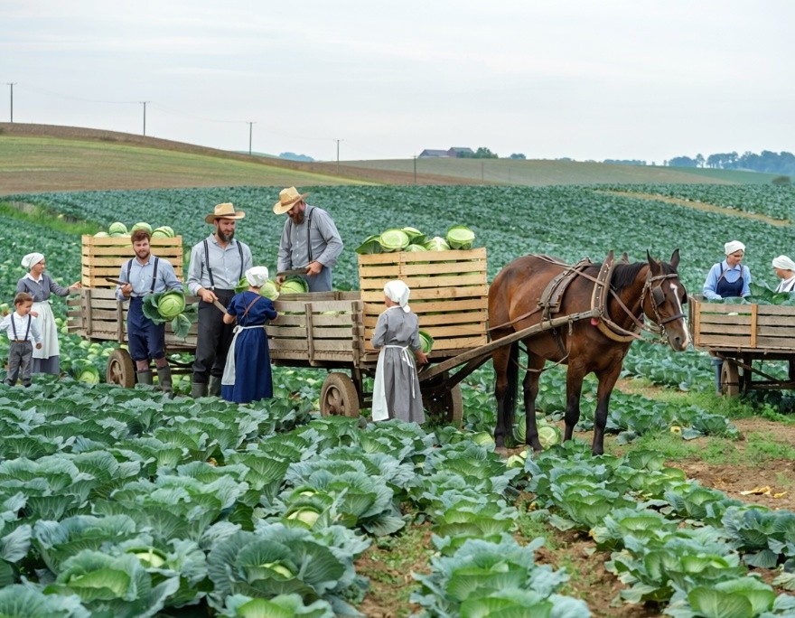 The settlement gathering its first cabbage harvest
